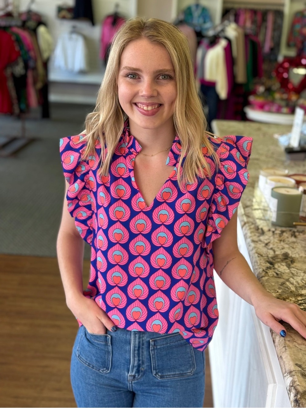 Joy Joy Pink & Blue Ruffle Sleeve Printed Blouse